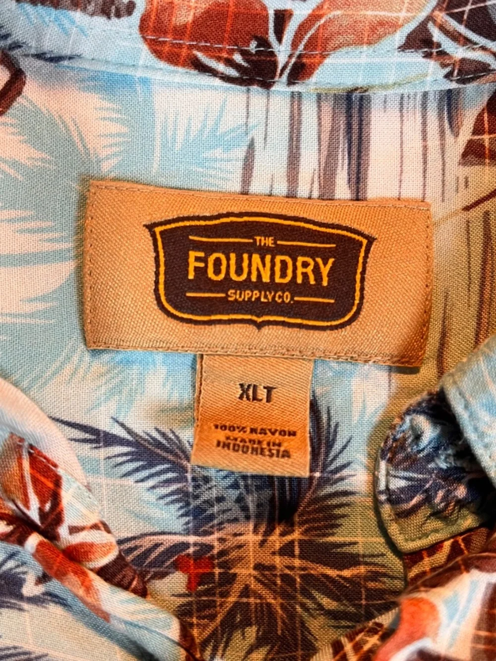 Foundry Men’s Hawaiian Shirt Tropical Floral Palm Print Blue Orange Size XLT - Picture 2 of 8